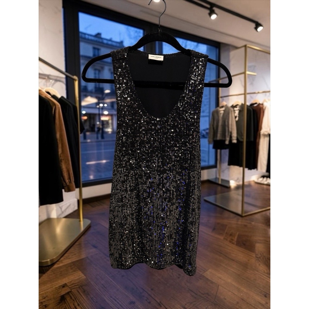 Saint Laurent Paris Black Sequin Sleeveless Tank Top M Italy 615505 YBSH2
